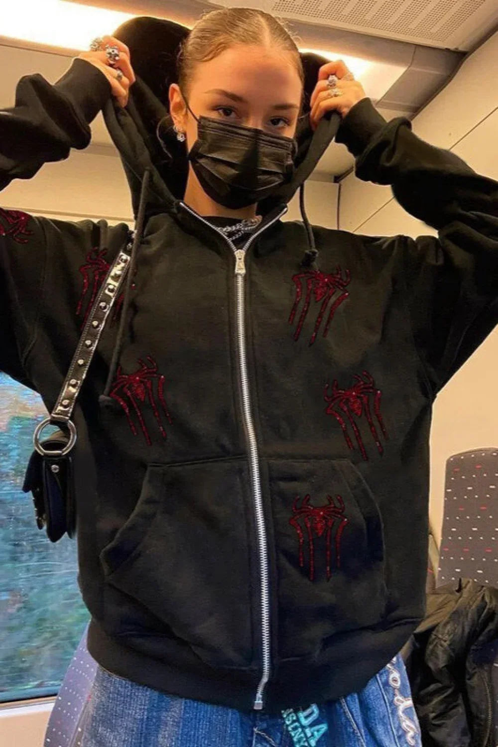 Spider Rhinestone Zipper Hoodie Black / S