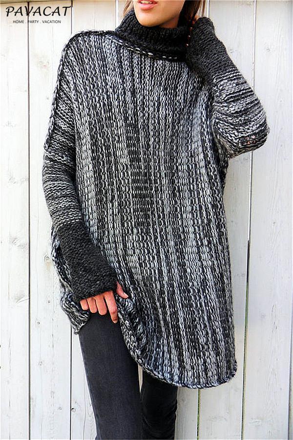 Spliced Turtleneck Loose Pullover Sweater