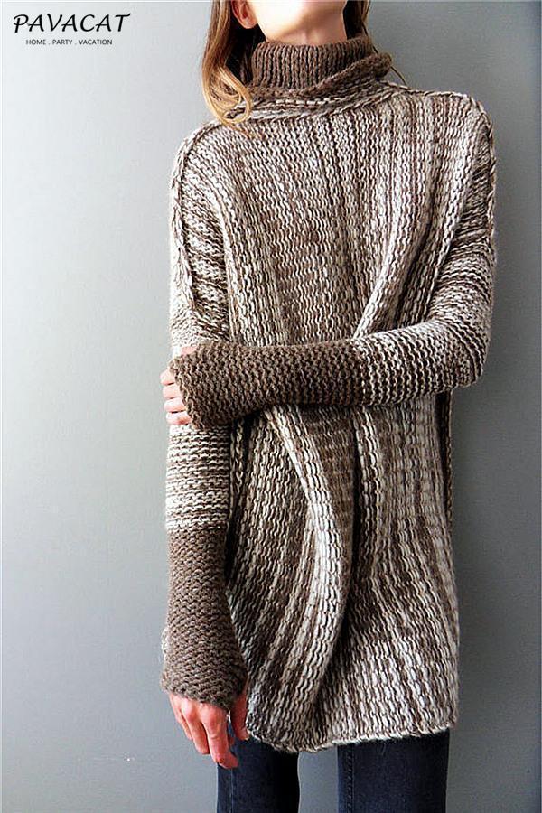 Spliced Turtleneck Loose Pullover Sweater