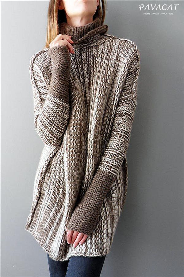 Spliced Turtleneck Loose Pullover Sweater