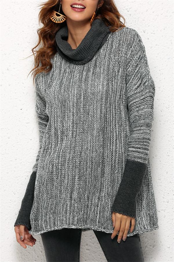 Spliced Turtleneck Loose Pullover Sweater