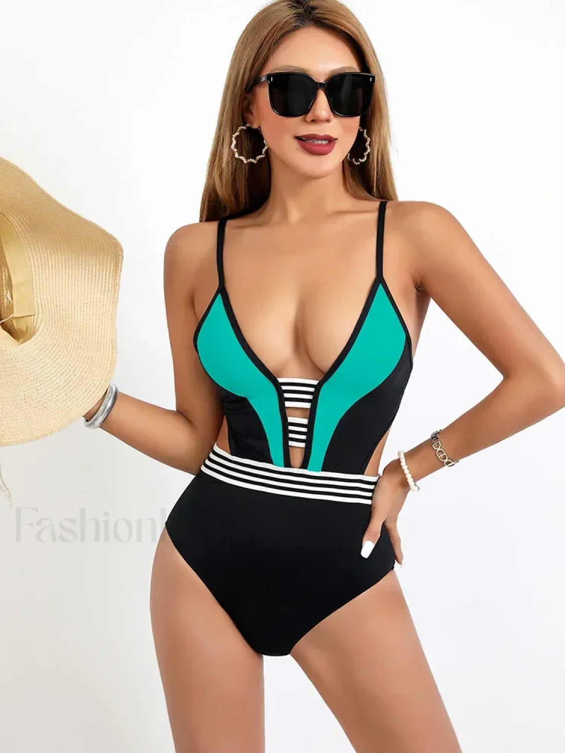 Spliced White Black Hollow Out One Piece Blue / S