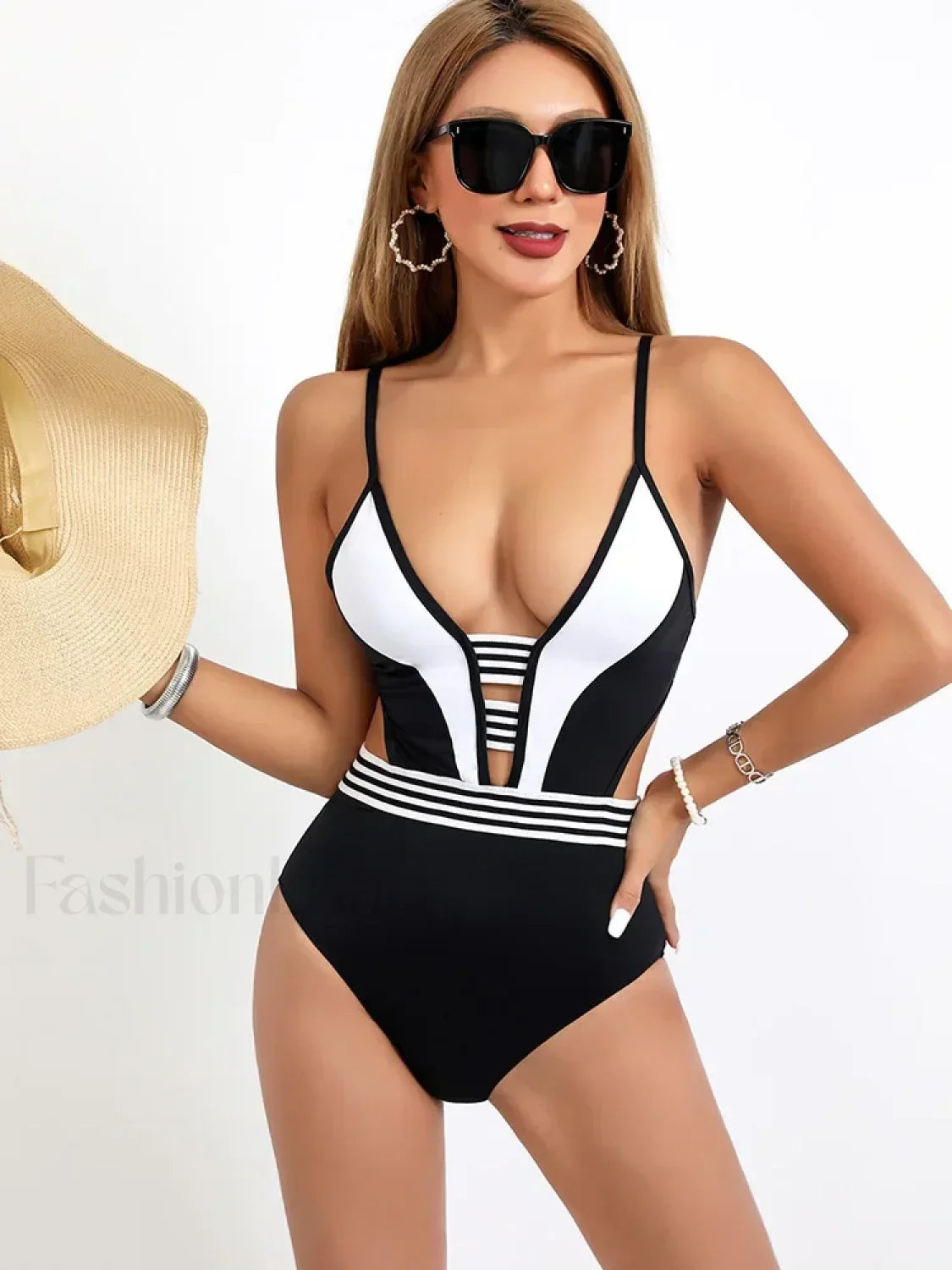 Spliced White Black Hollow Out One Piece WHITE / S