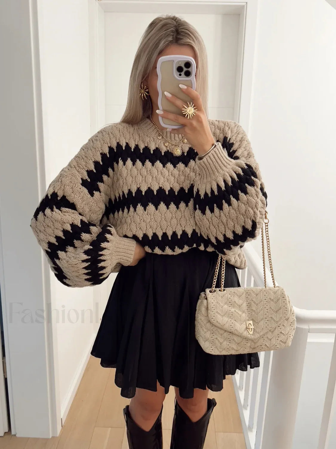 Splicing Round Neck Knitted Pullover Casual Long Sleeve Loose Women’s Sweater Khakis / S Sweaters L