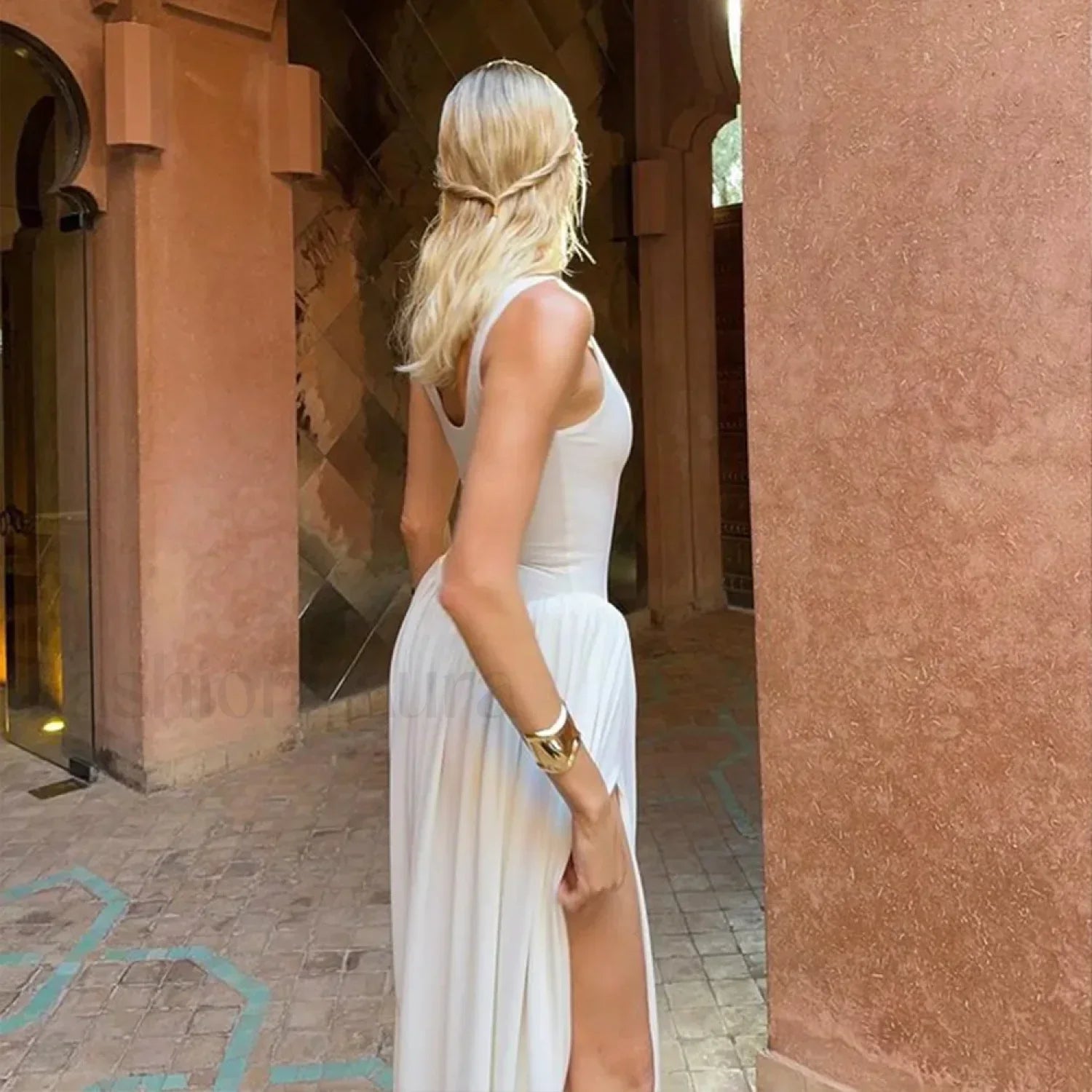 Split Draped U Neck Maxi Dress