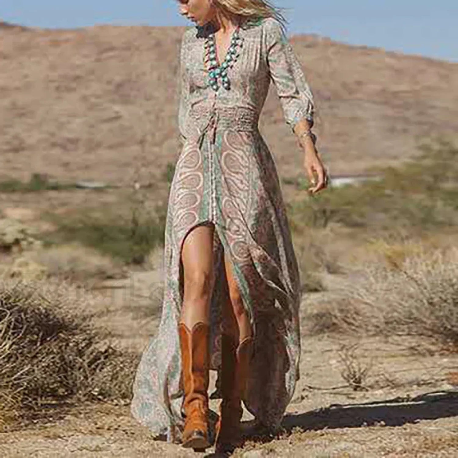 Split Elastic-Waist Boho Dress