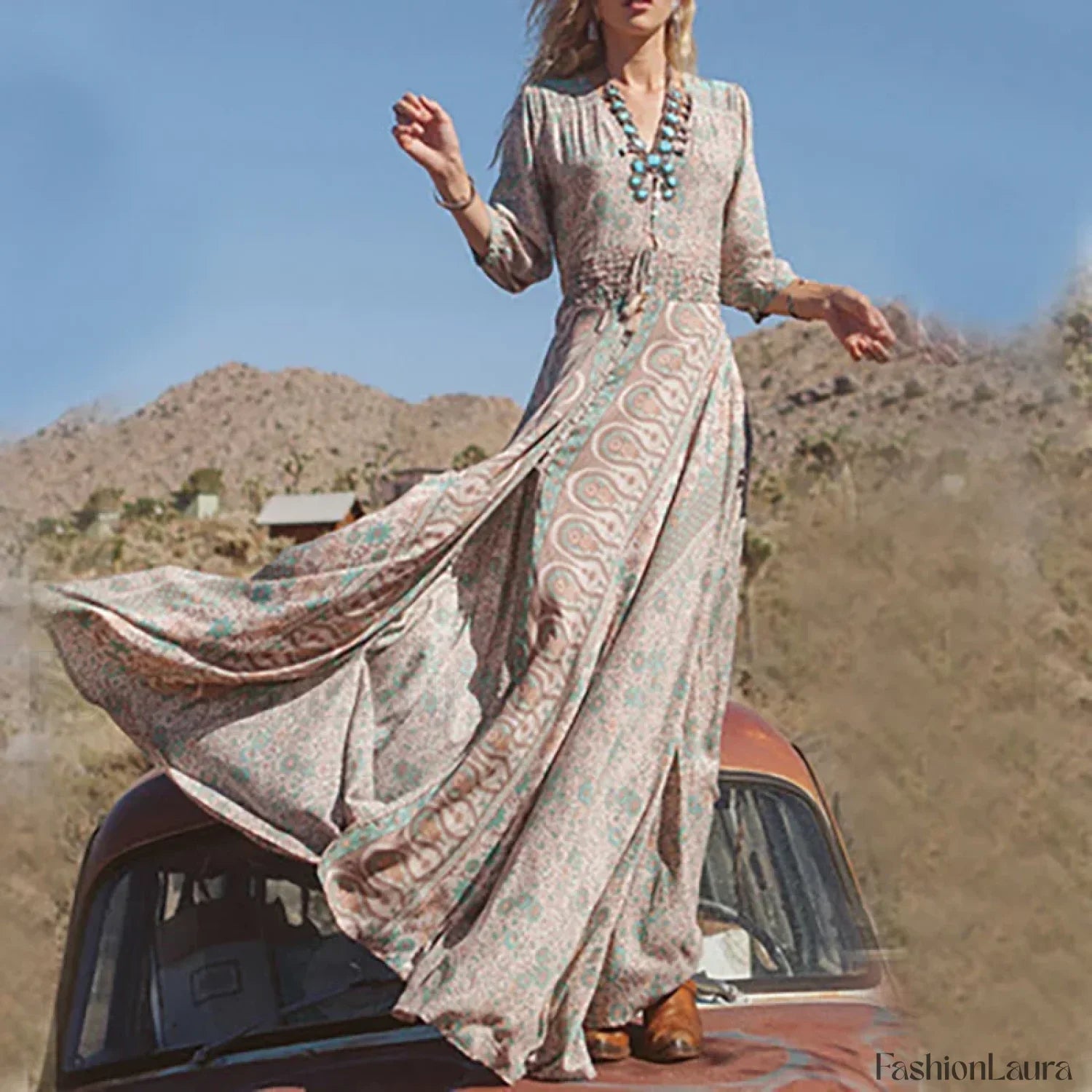Split Elastic-Waist Boho Dress