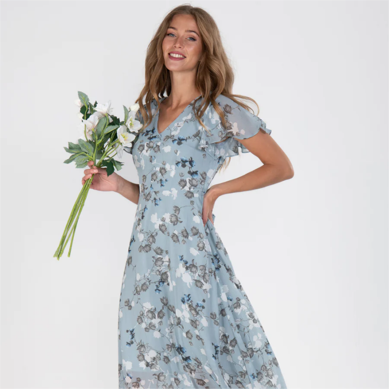 Lucrecia Exclusive Long Dress with Short Sleeves and Floral Print Statement Occasion Edit