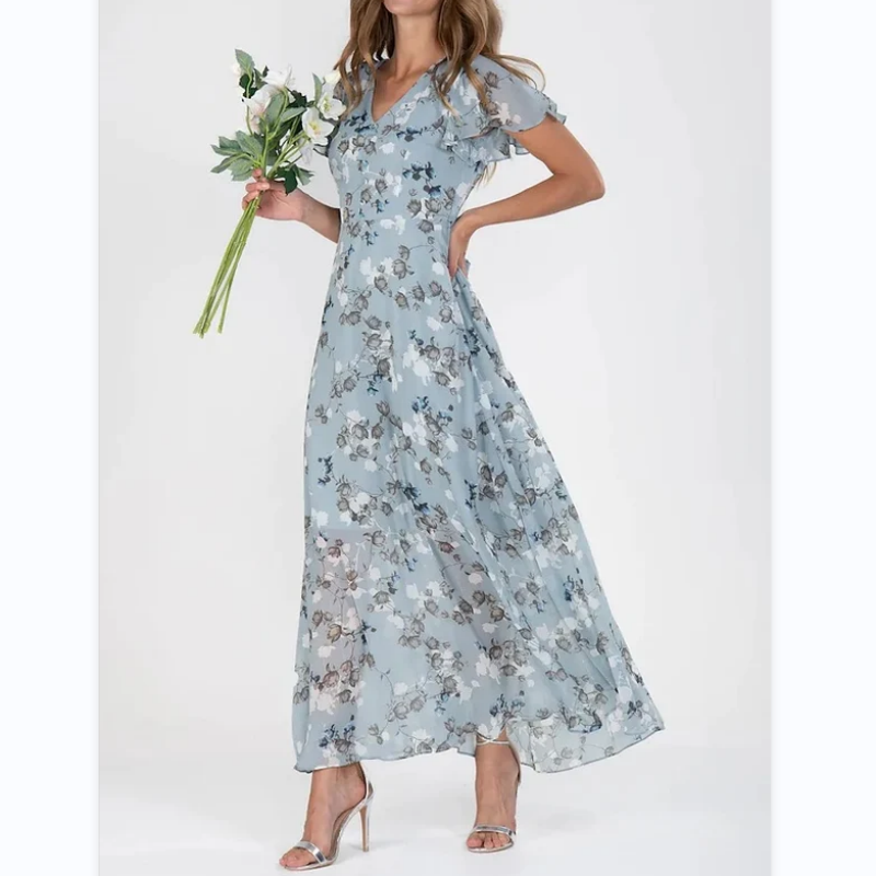 Lucrecia Exclusive Long Dress with Short Sleeves and Floral Print Statement Occasion Edit