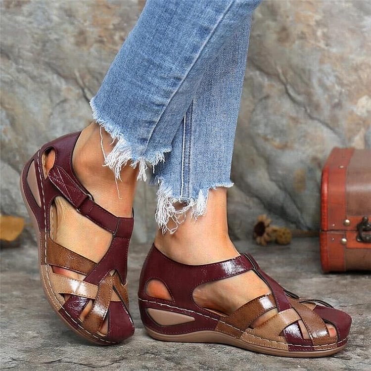 Closed Toe Cut Out Buckle Strap Wedge Sandals