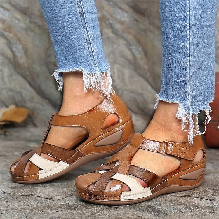 Closed Toe Cut Out Buckle Strap Wedge Sandals