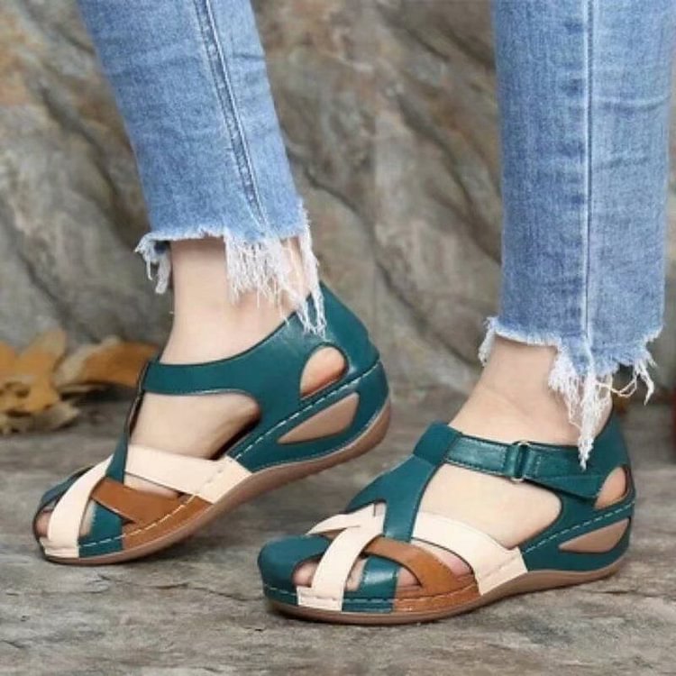 Closed Toe Cut Out Buckle Strap Wedge Sandals