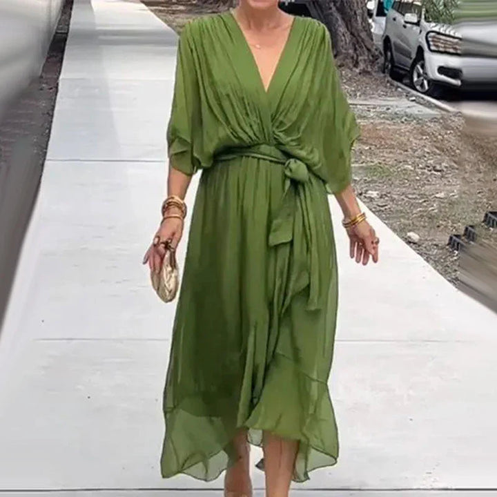 Minimalist Natasha Midi Dress with V Neckline and Loose Sleeves Chic Silhouette Collection