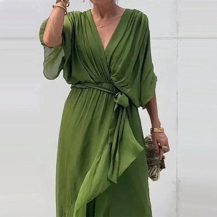 Minimalist Natasha Midi Dress with V Neckline and Loose Sleeves Chic Silhouette Collection