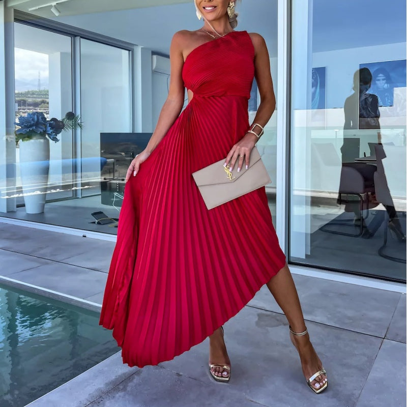 Antonia Timeless One Shoulder Pleated Maxi Dress with Hemstitching Statement Occasion Edit