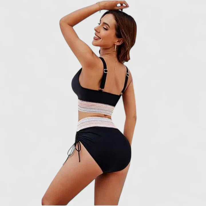 Triangle Top Ruched Chevron Trim High Waist Bikini Set