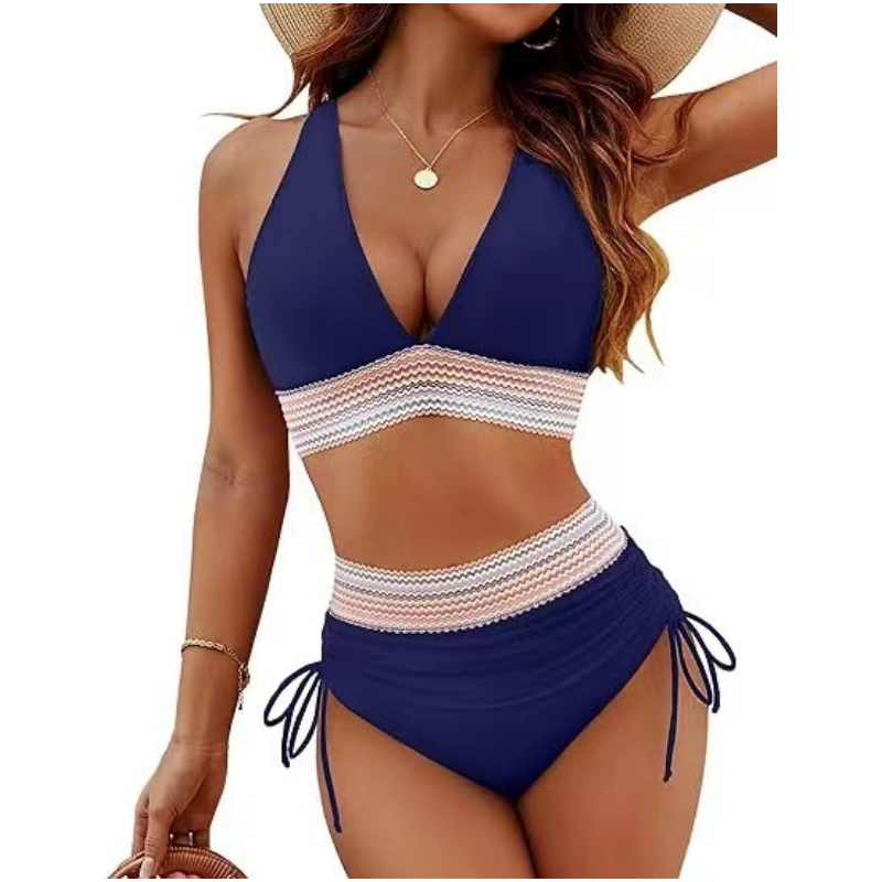 Halter Neck Crochet Trim High Waist Bikini Set