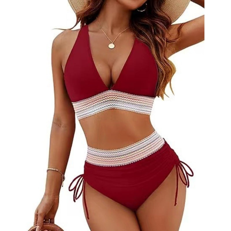 Halter Neck Crochet Trim High Waist Bikini Set