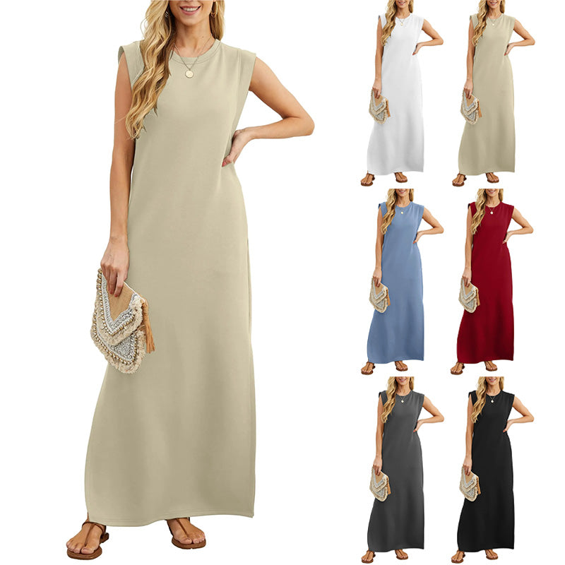 Crew Neck Sleeveless Pocket Shift Maxi Dress