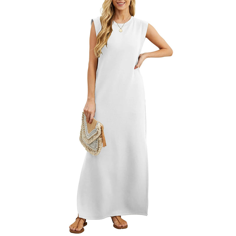 Crew Neck Sleeveless Pocket Shift Maxi Dress