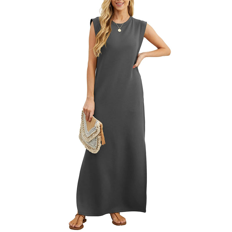 Crew Neck Sleeveless Pocket Shift Maxi Dress