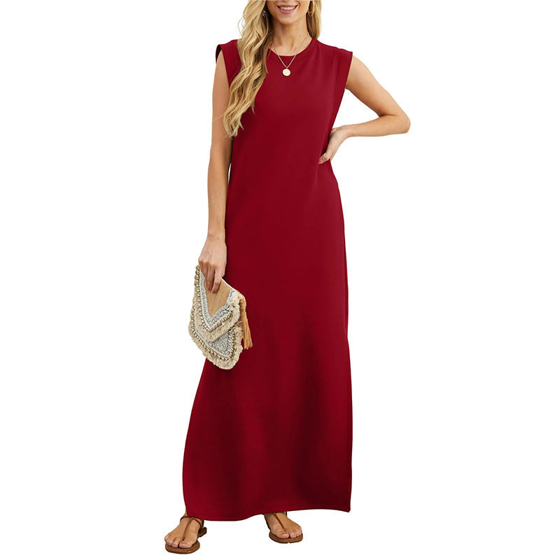 Crew Neck Sleeveless Pocket Shift Maxi Dress