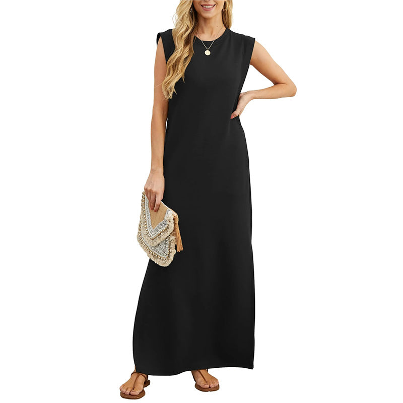 Crew Neck Sleeveless Pocket Shift Maxi Dress