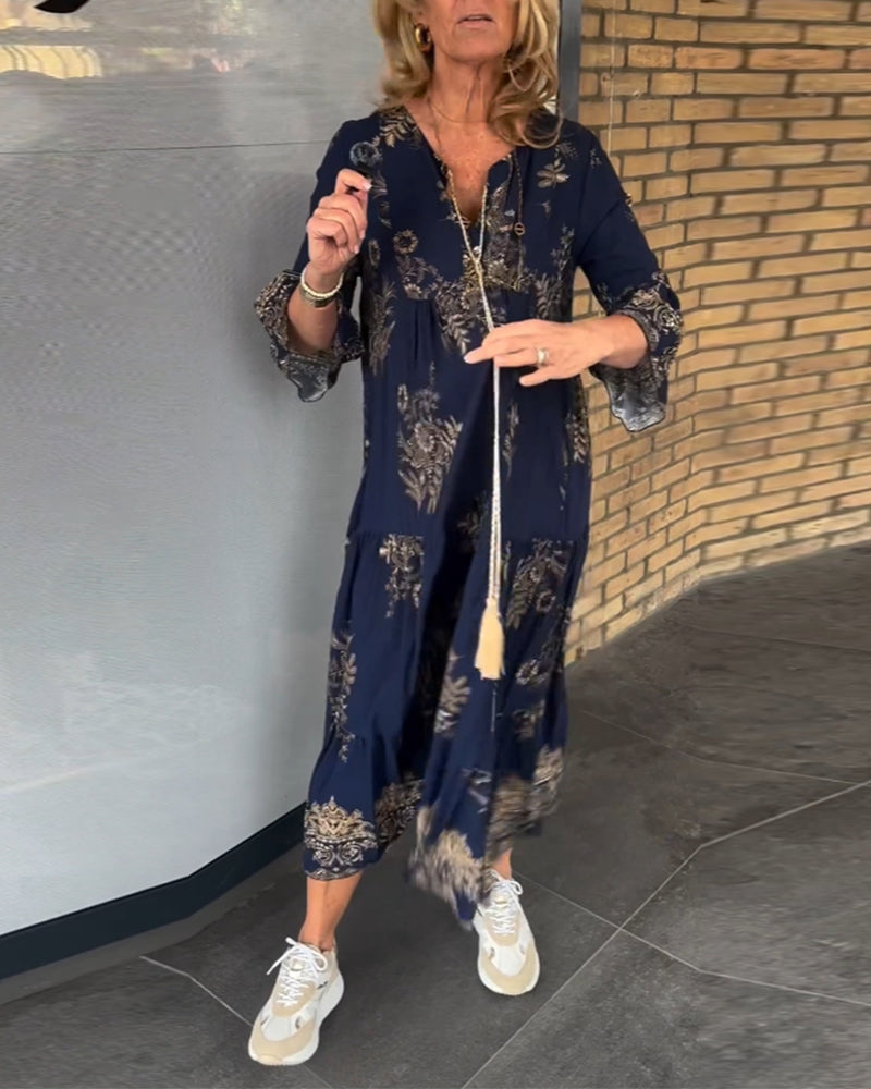 Bohemian Floral Print V-Neck Long Sleeve Tiered Maxi Dress