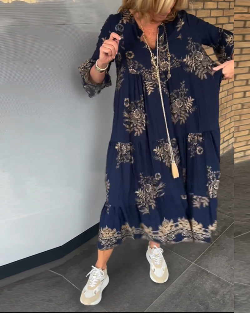 Bohemian Floral Print V-Neck Long Sleeve Tiered Maxi Dress