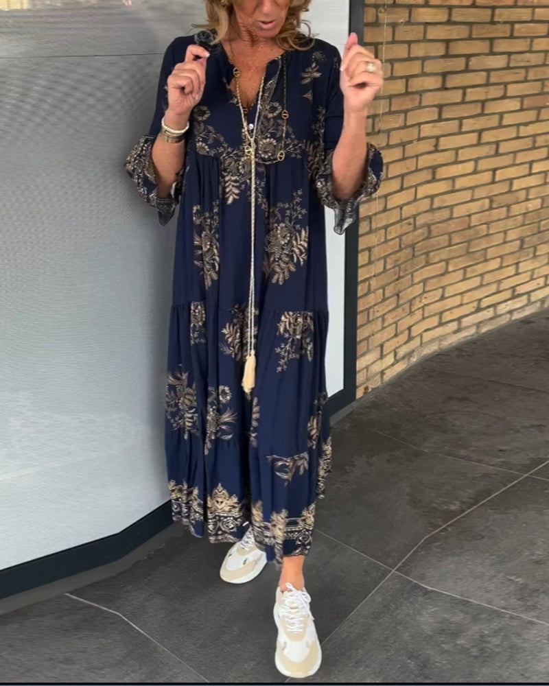 Bohemian Floral Print V-Neck Long Sleeve Tiered Maxi Dress