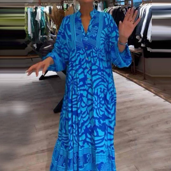 Abstract Print Button Front Long Sleeve Oversized Maxi Shirt Dress