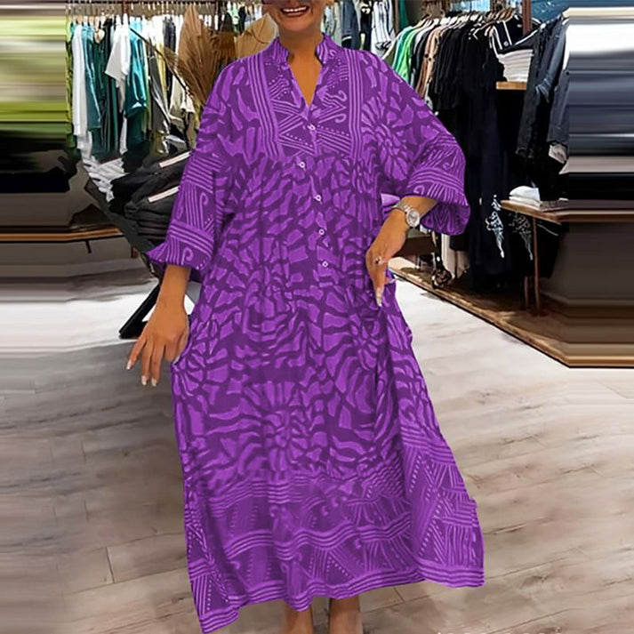 Abstract Print Button Front Long Sleeve Oversized Maxi Shirt Dress