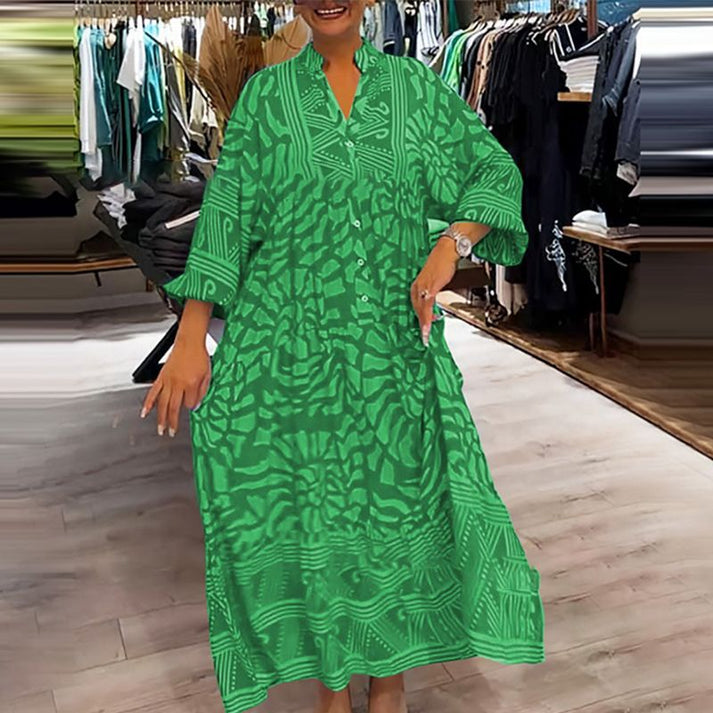 Abstract Print Button Front Long Sleeve Oversized Maxi Shirt Dress