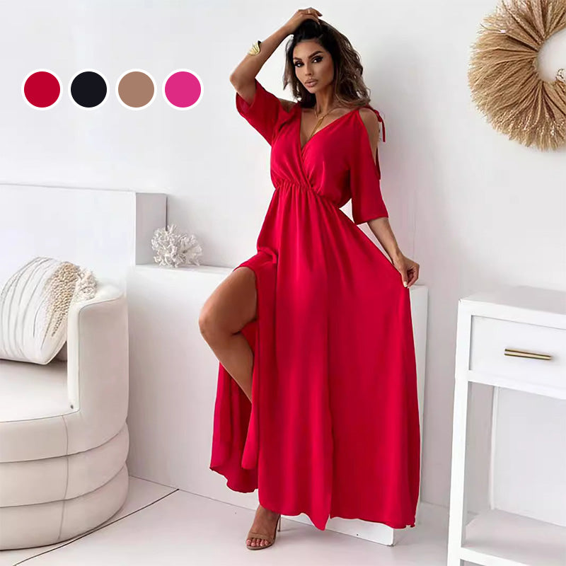 Deep V-Neck Wrap Tie Sleeve High Split Maxi Dress