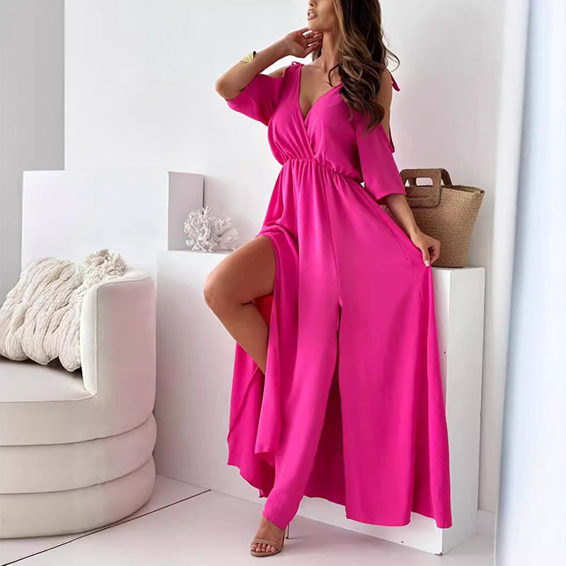 Deep V-Neck Wrap Tie Sleeve High Split Maxi Dress