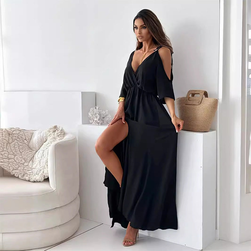 Deep V-Neck Wrap Tie Sleeve High Split Maxi Dress