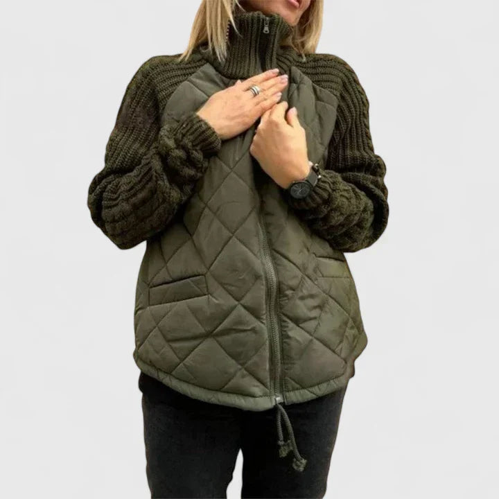 Cable Knit Sleeve Quilted Zip Front Jacket