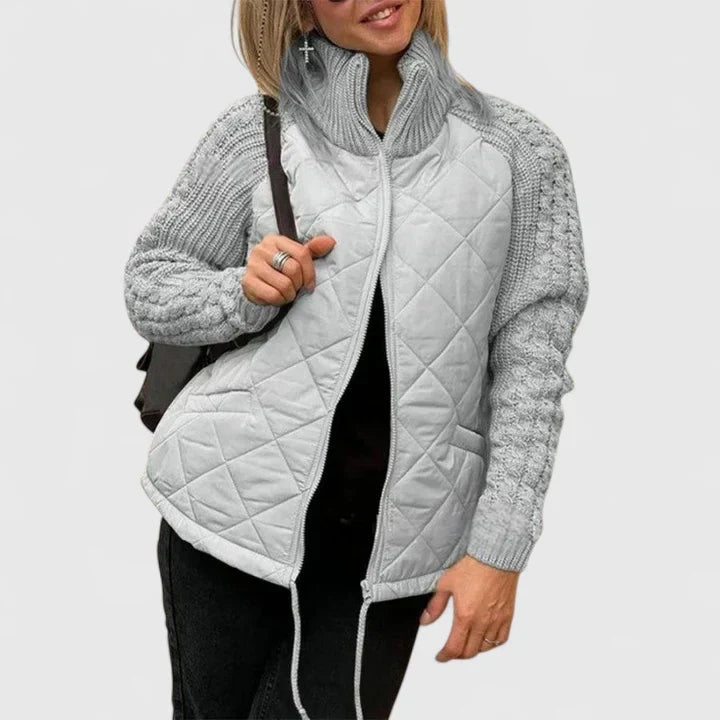 Cable Knit Sleeve Quilted Zip Front Jacket