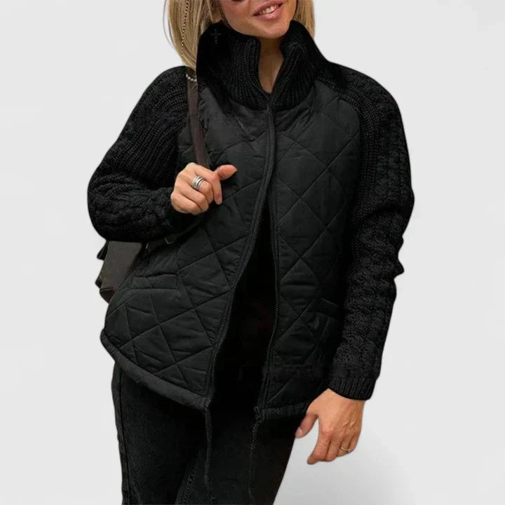 Cable Knit Sleeve Quilted Zip Front Jacket