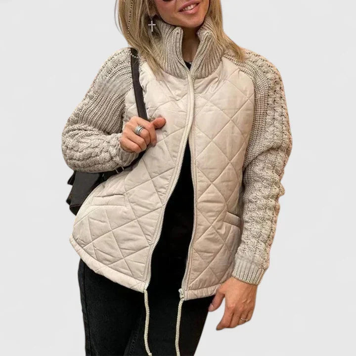 Cable Knit Sleeve Quilted Zip Front Jacket