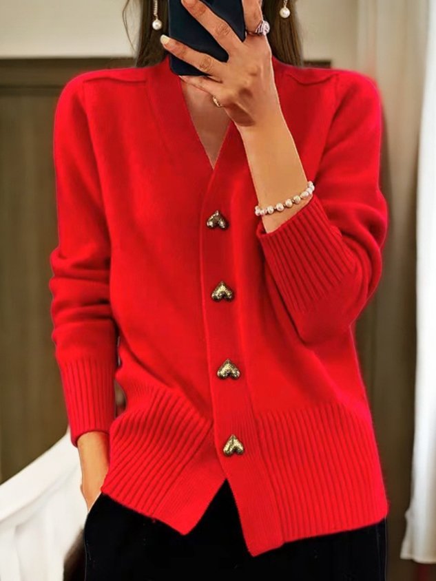 V-Neck Heart Button Front Knit Cardigan