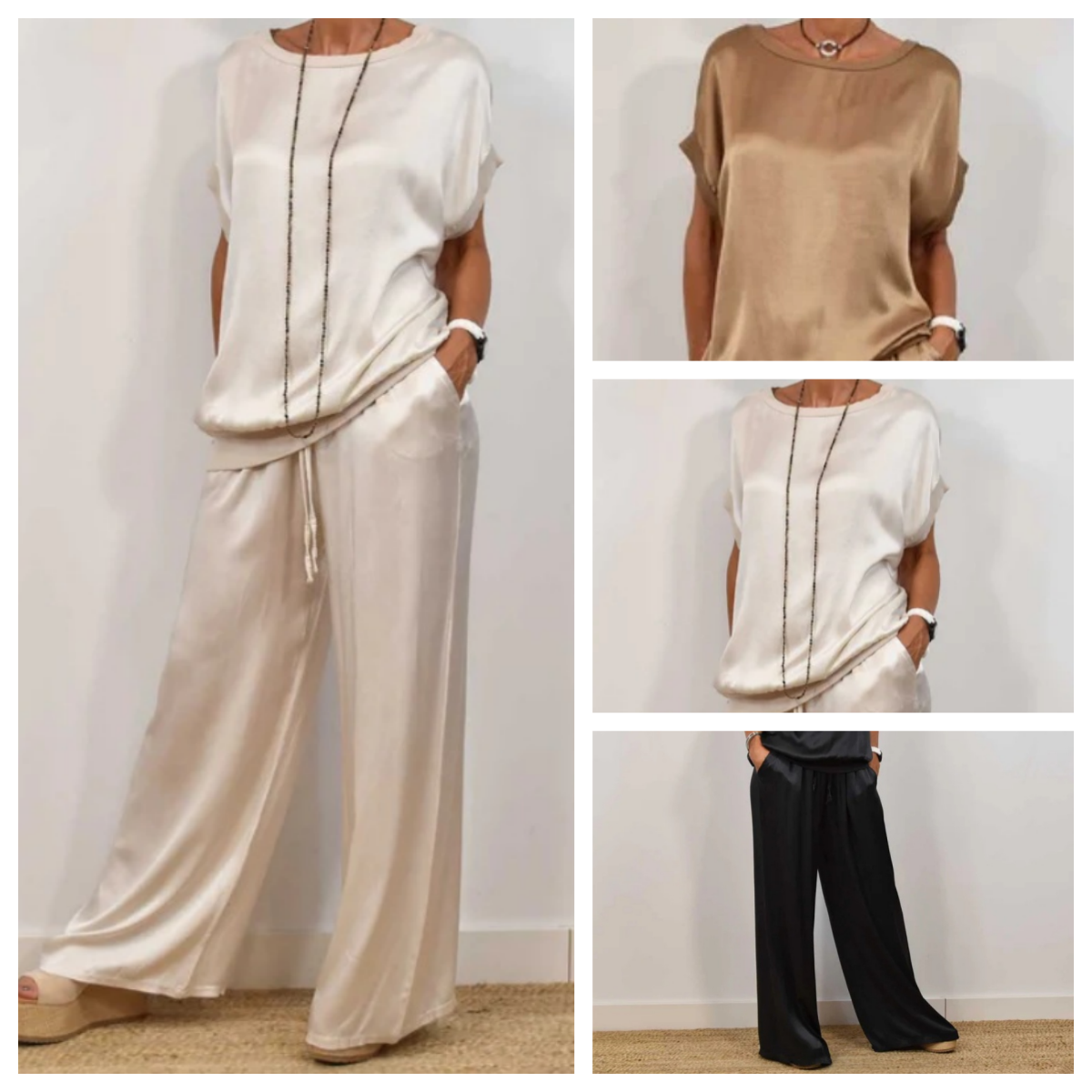Satin Short Sleeve Top and Wide Leg Pants Two Piece Set