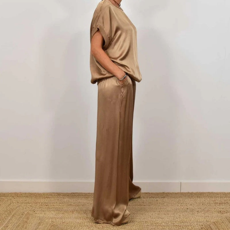Satin Short Sleeve Top and Wide Leg Pants Two Piece Set