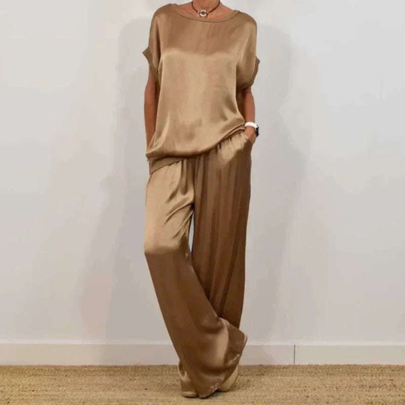 Satin Short Sleeve Top and Wide Leg Pants Two Piece Set