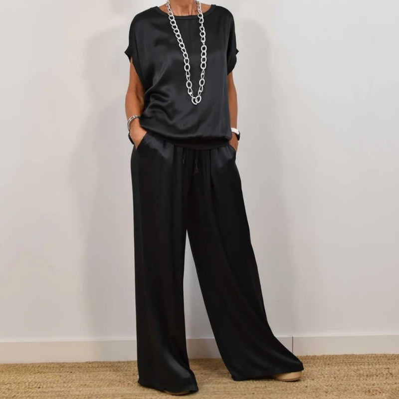 Satin Short Sleeve Top and Wide Leg Pants Two Piece Set