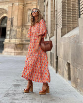 V-Neck Puff Sleeve Tiered Maxi Dress Boho 13