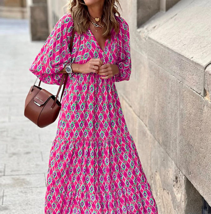 V-Neck Puff Sleeve Tiered Maxi Dress 12