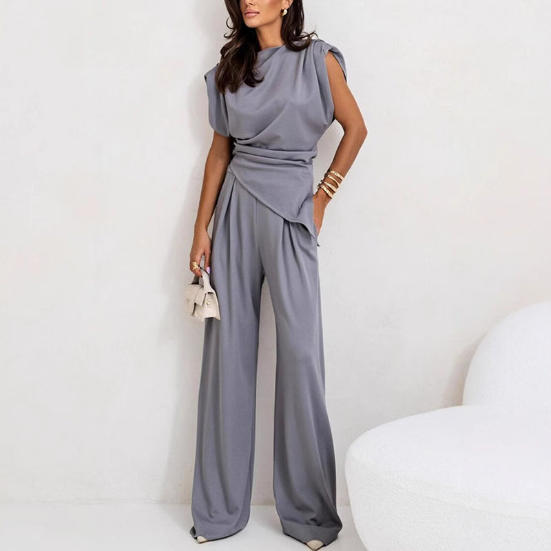 Sleeveless Ruched Top and Wide Leg Pants Two Piece Set