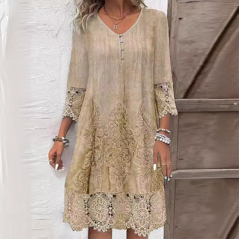 Lace Trim V-Neck Button Front Shift Midi Dress 3