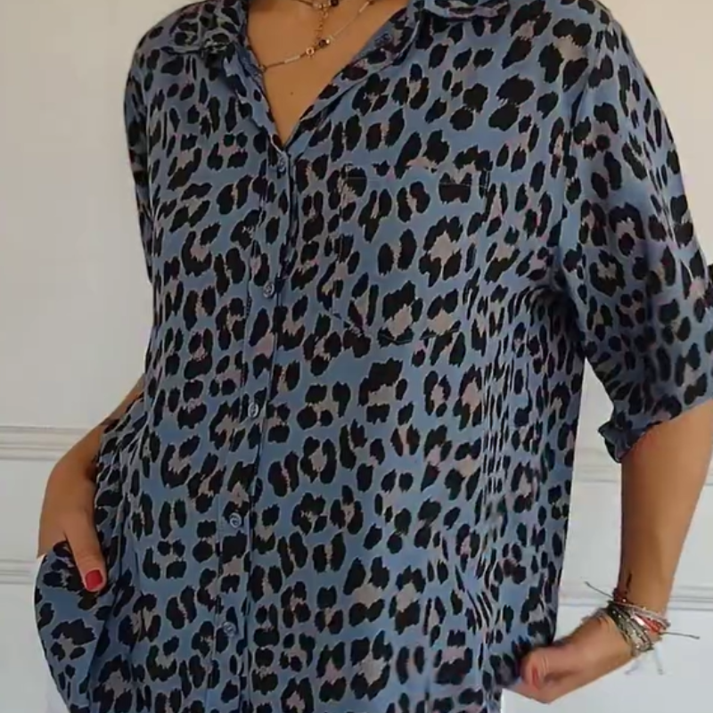 Leopard Print Collared Long Sleeve Button Front Blouse 2